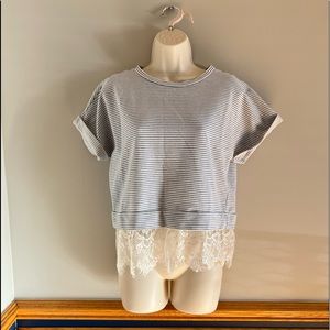 BUY 2 GET 2🔥 Wells Grace Striped Short Sleeve Tee with Lace Hem